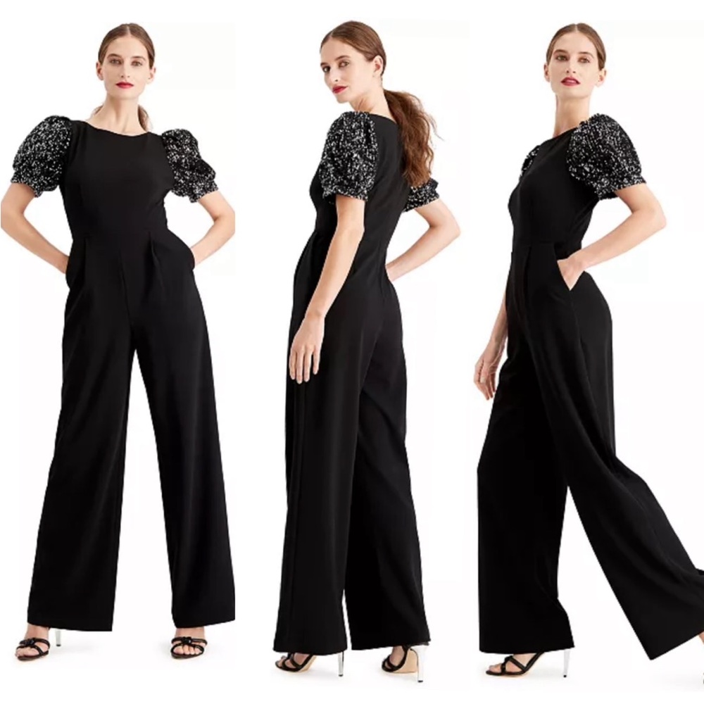 Calvin Klein Sequined Puff Short Sleeve Black Jumpsuit Women's Size 8 Pockets